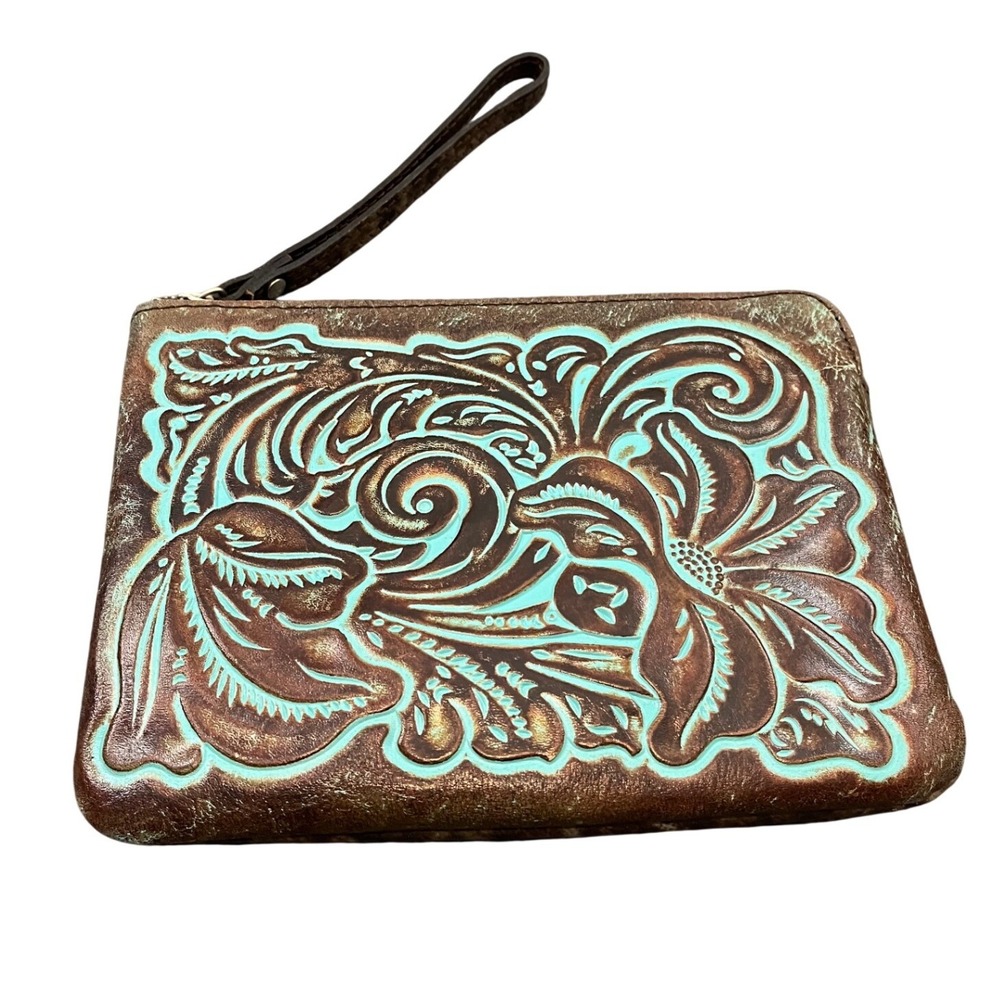 Patricia Nash Wristlet‎ Cassini Brown Turquoise Tooled Leather Floral Clutch